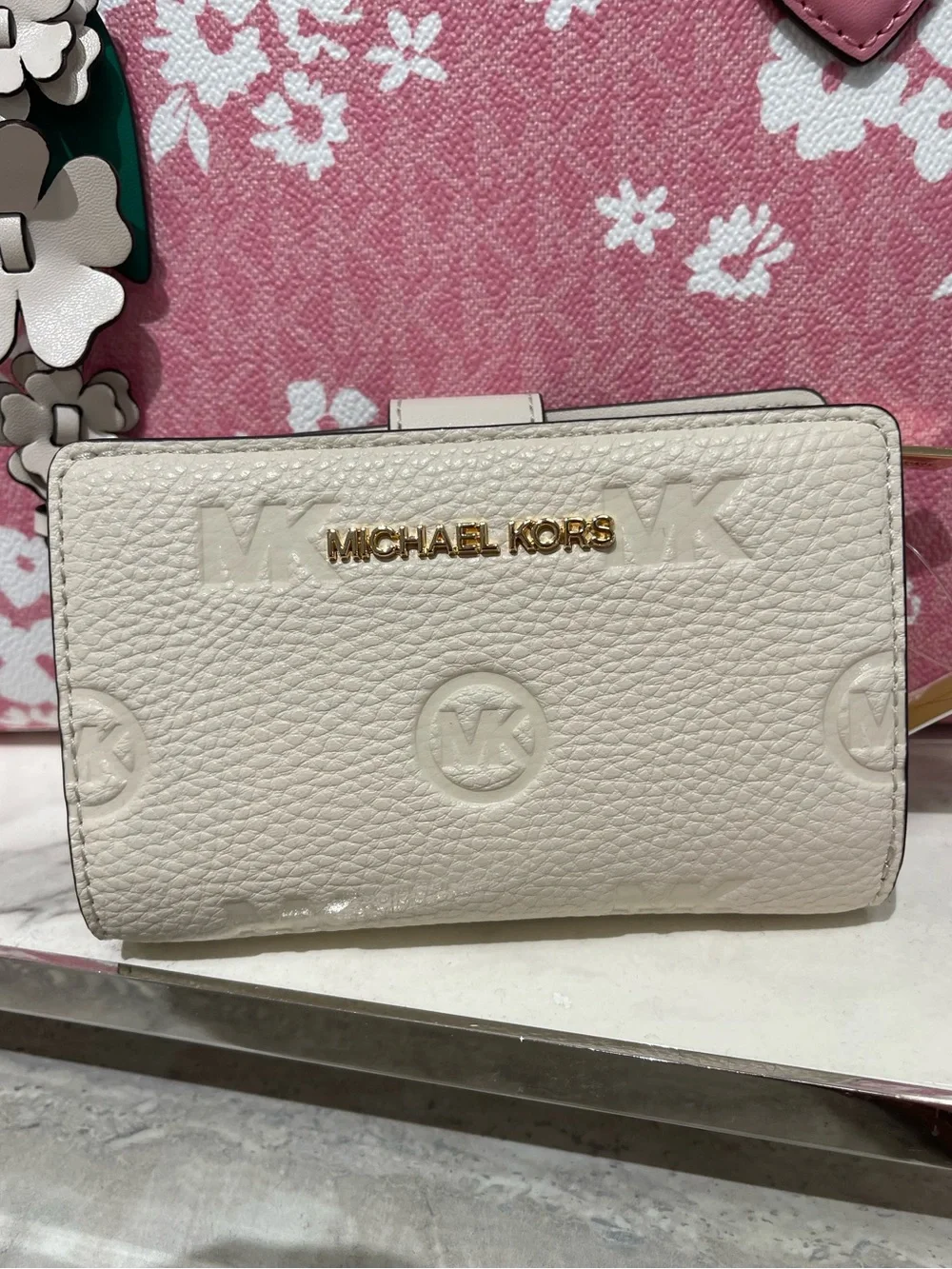 Michael Kors Jet Set Travel Med MK Logo Debossed Bifold Wallet Light Cream NWT